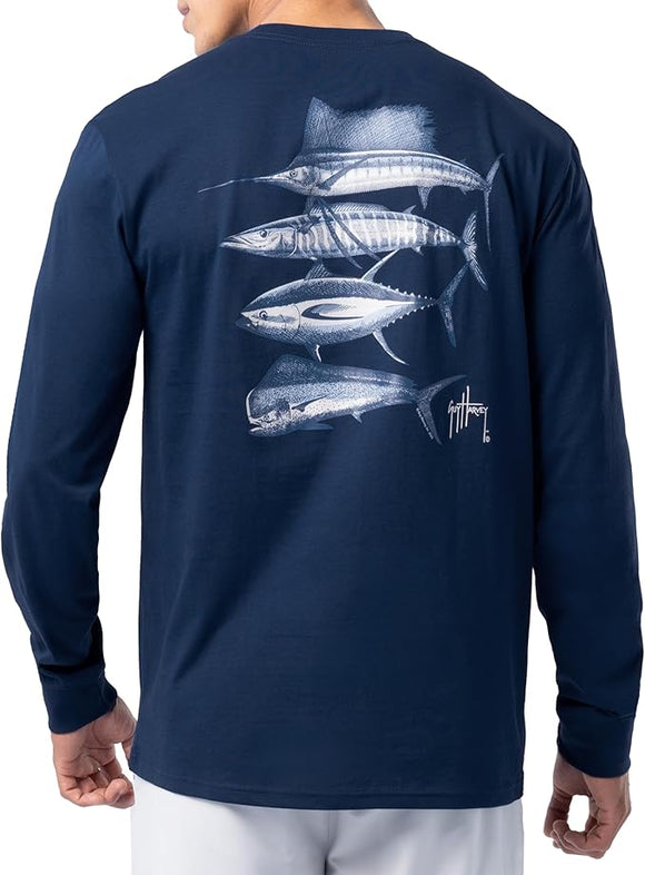 Guy Harvey Men’s Long Sleeve Lightweight Cotton Fishing Graphic Pocket T-Shirt, Estate Blue/Slam Stencil