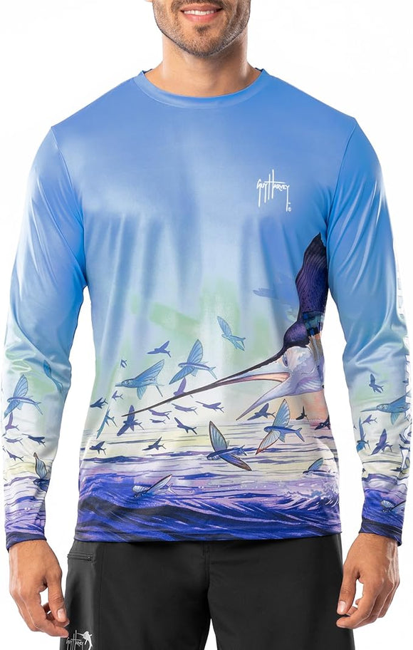 Guy Harvey Men's Dueling Sailfish Long Sleeve Performance Shirt White