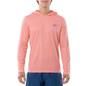 Guy Harvey Men's Sketchy Sail Long Sleeve Performance Hoodie Coral